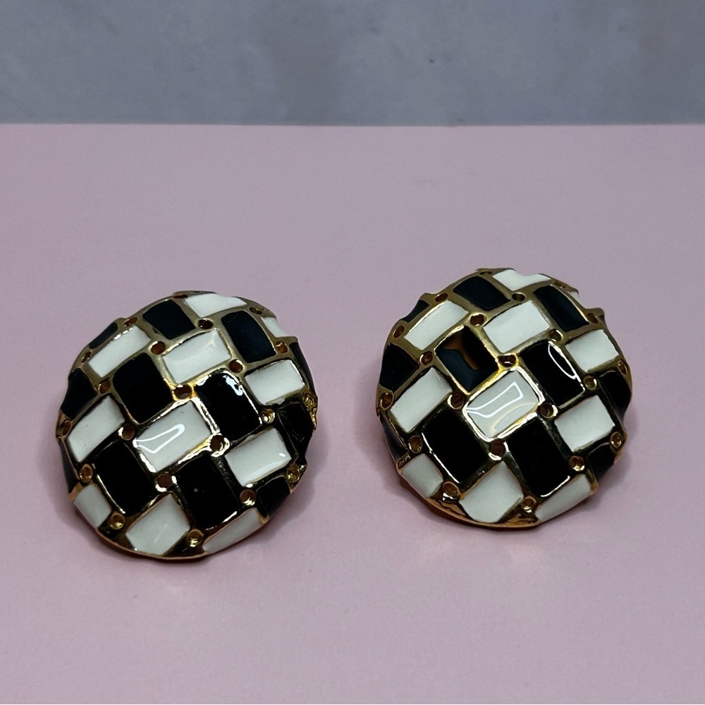 Vintage Gold Tone Black and White Checkered Earrings